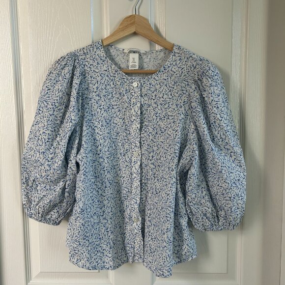 H&M Top Linen Button Down Shirt Blue Floral Blouse Spring Casual Everyday SZS - Picture 3 of 13